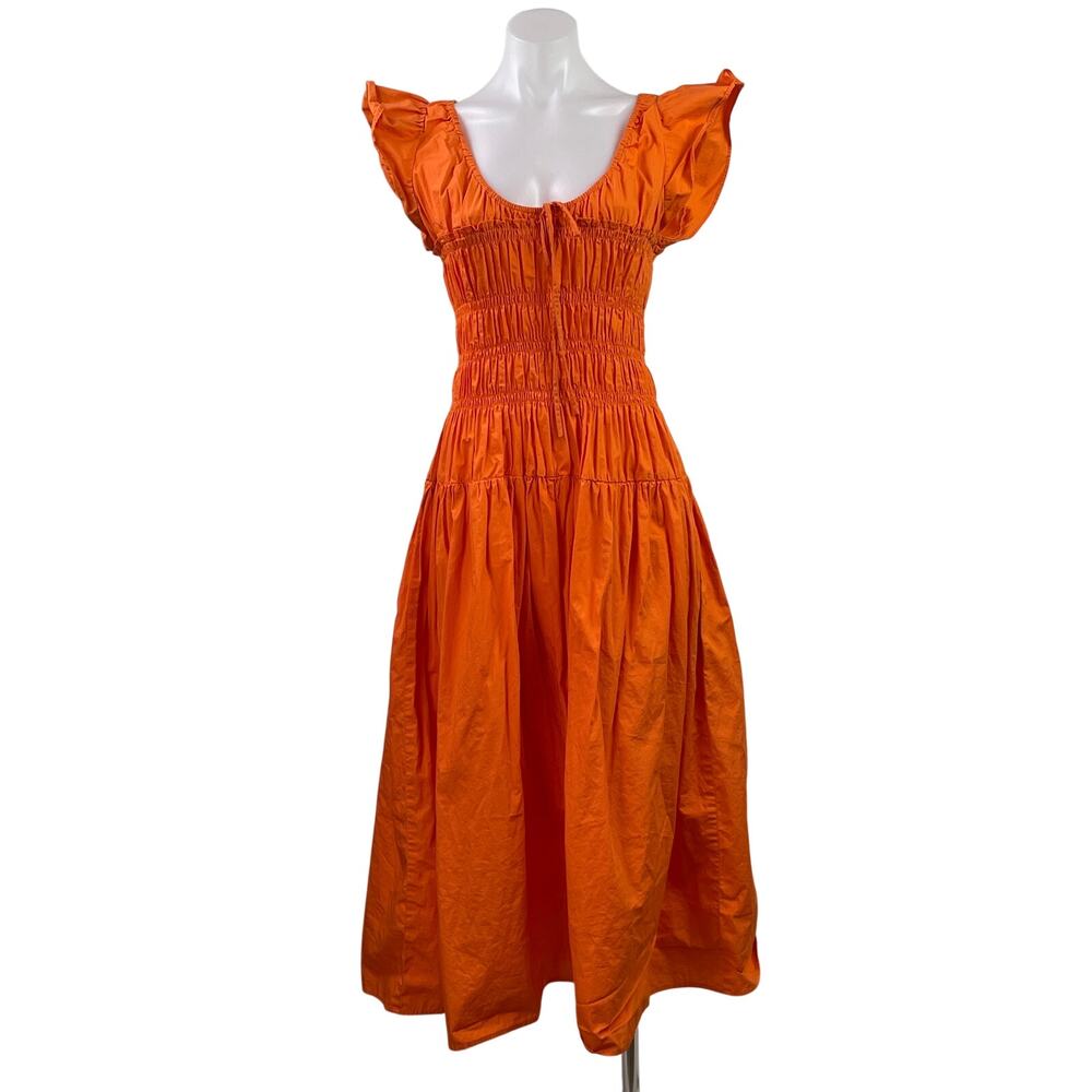 Moon River Womens Orange Smocked Short Flutter Sleeve Mini A-Line Dress Size L
